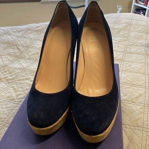 Stuart Weitzman Corkswoon wedge navy suede Kate Middleton shoes women's size 8